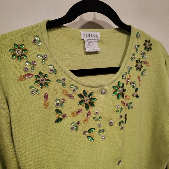 George Vintage Bejeweled Green Angora Blend Cardigan Sweater Sz XL-Y2K Fairy - Picture 3 of 7